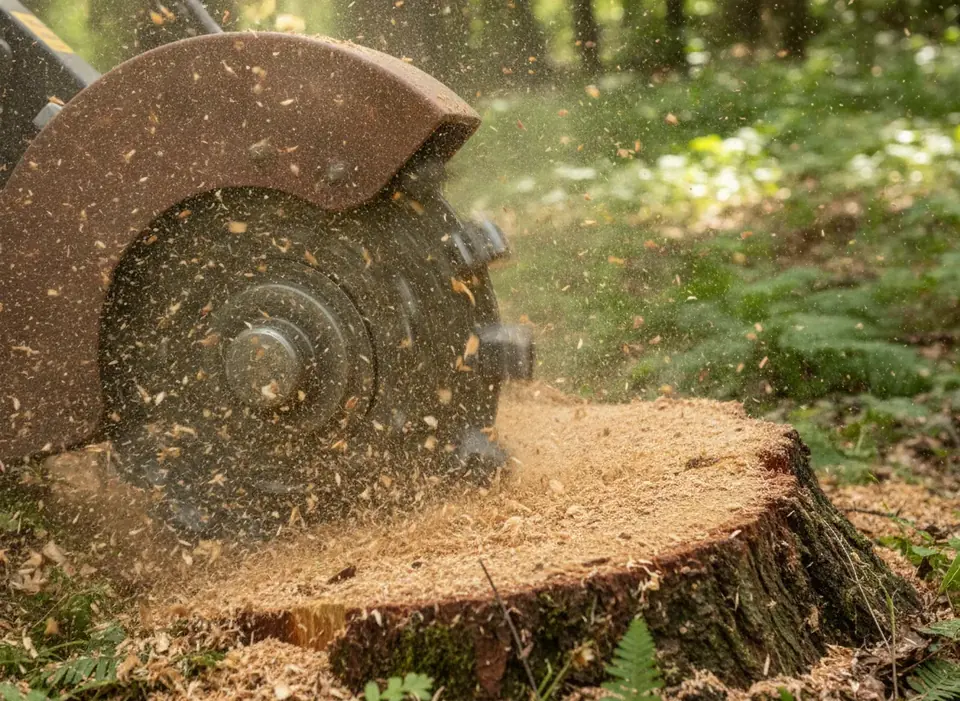 Stump grinder cutting wheel grinding a stump