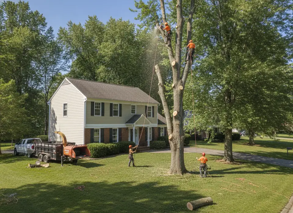 Crew taking down a tall tree in sections near a house